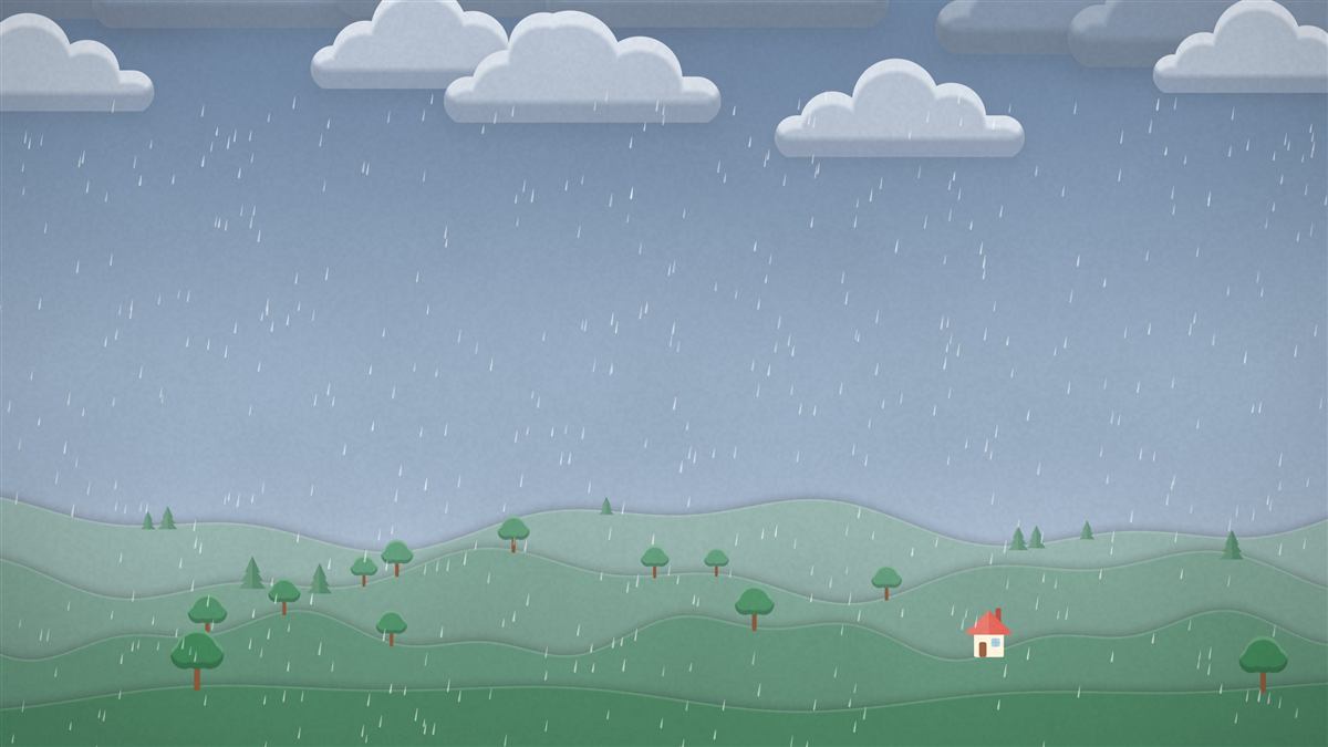 ภาพพื้นหลัง SkyTale ตอนฝนตกกลางวัน เมฆสีเทาเหนือทุ่งหญ้าและบ้านหลังเล็ก